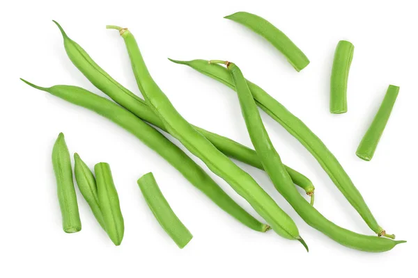Zelené fazole izolované na bílém pozadí s výstřižkem cesta, Horní pohled. Plocha — Stock fotografie