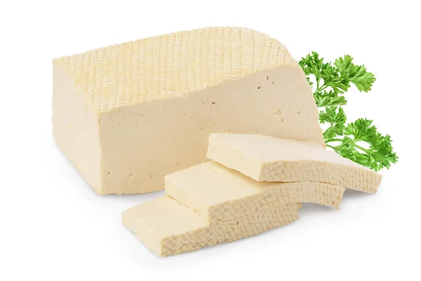 Formaggio tofu isolato su sfondo bianco con percorso di ritaglio e piena profondità di campo, — Foto Stock