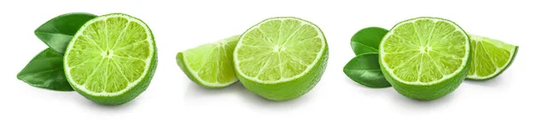 Lime with half and leaf isolated on white background. Set or collection — Stock Photo, Image