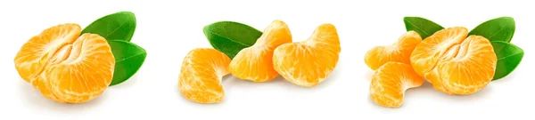 Mandarine oder Mandarine Früchte mit Blättern isoliert auf weißem Hintergrund. Set oder Sammlung — Stockfoto