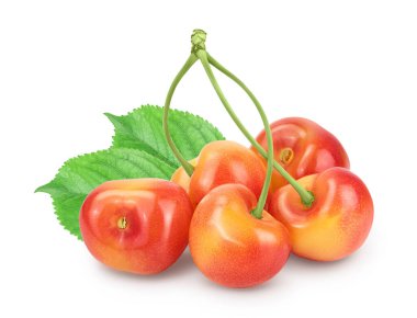 Sarı-kırmızı tatlı kiraz kesme yolu ve tam derinlik ile beyaz arkaplanda izole