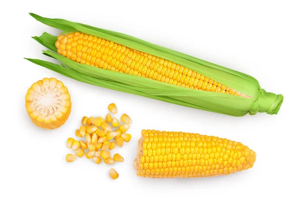 Mazorca de maíz aislada sobre fondo blanco. Recorte de camino. Vista superior. Puesta plana — Foto de Stock