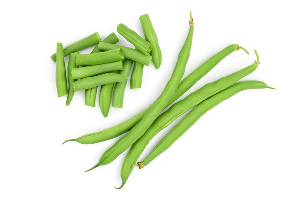 Haricots verts isolés sur un fond blanc avec chemin de coupe, vue de dessus. Pose plate — Photo