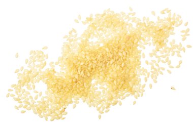 Beyaz arkaplan görünümünde izole susam tohumları. Düz yatıyordu