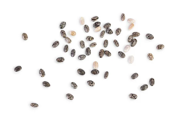 Semena chia izolovaná na bílém pozadí s oříznutou pěšinou a plnou hloubkou pole. Horní pohled. Plocha. — Stock fotografie