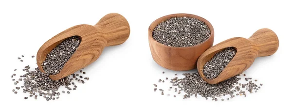 Chia seeds in wooden bowl isolated on white background with clipping path and full depth of field. — Stock Photo, Image