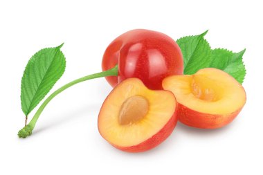 Sarı-kırmızı tatlı kiraz kesme yolu ve tam derinlik ile beyaz arkaplanda izole