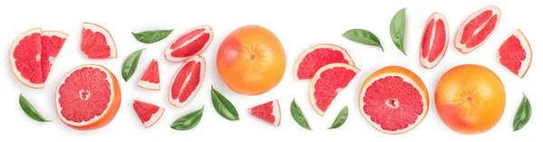 Grapefruit und Scheiben isoliert auf weißem Hintergrund. Draufsicht mit Kopierraum für Ihren Text. Flach lag er. Mit Schnittwand und voller Schärfentiefe — Stockfoto