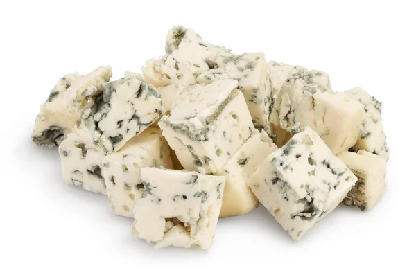 Diced Blue cheese isolated on white background with clipping path and full depth of field. — Stock Photo, Image