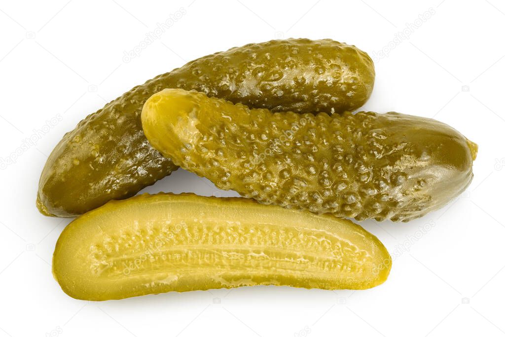 Marinated pickled cucumber isolated on white background with clipping path and full depth of field. Top view. Flat lay