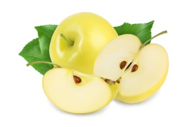 Sarı elma kırpma yolu ve tam derinlikteki beyaz arkaplanda izole edildi