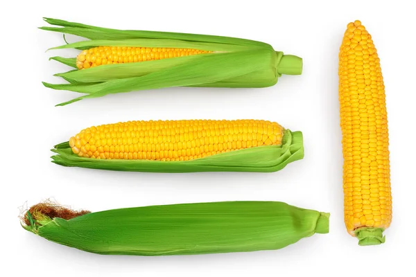 Mazorca de maíz aislada sobre fondo blanco. Recorte de camino. Vista superior. Acostado. Conjunto o colección —  Fotos de Stock