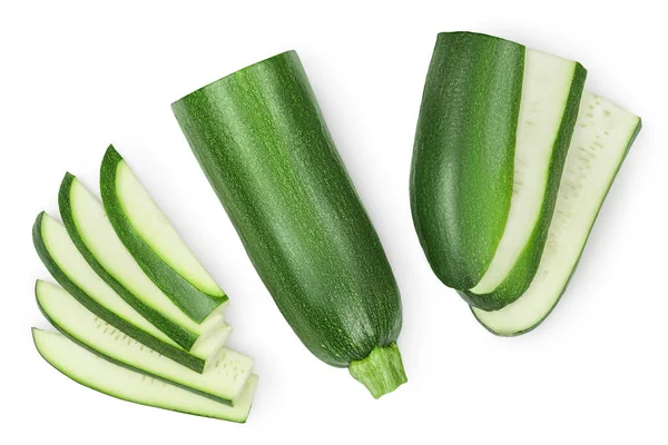 Fresh sliced zucchini isolated on white background with clipping path and full depth of field. Top view. Flat lay — Stock Photo, Image