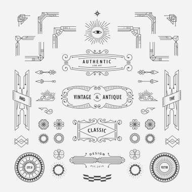 Çerçeve köşe rozeti olan doğrusal ince çizgi geometrik şekil vintage art deco retro tasarım öğeleri kümesi