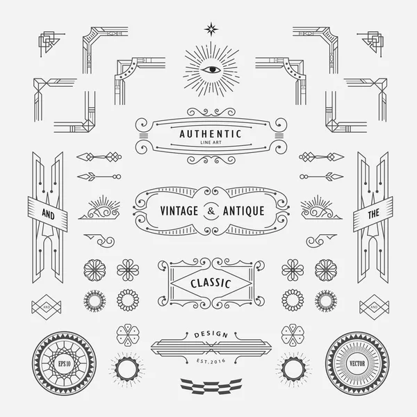 Çerçeve köşe rozeti olan doğrusal ince çizgi geometrik şekil vintage art deco retro tasarım öğeleri kümesi