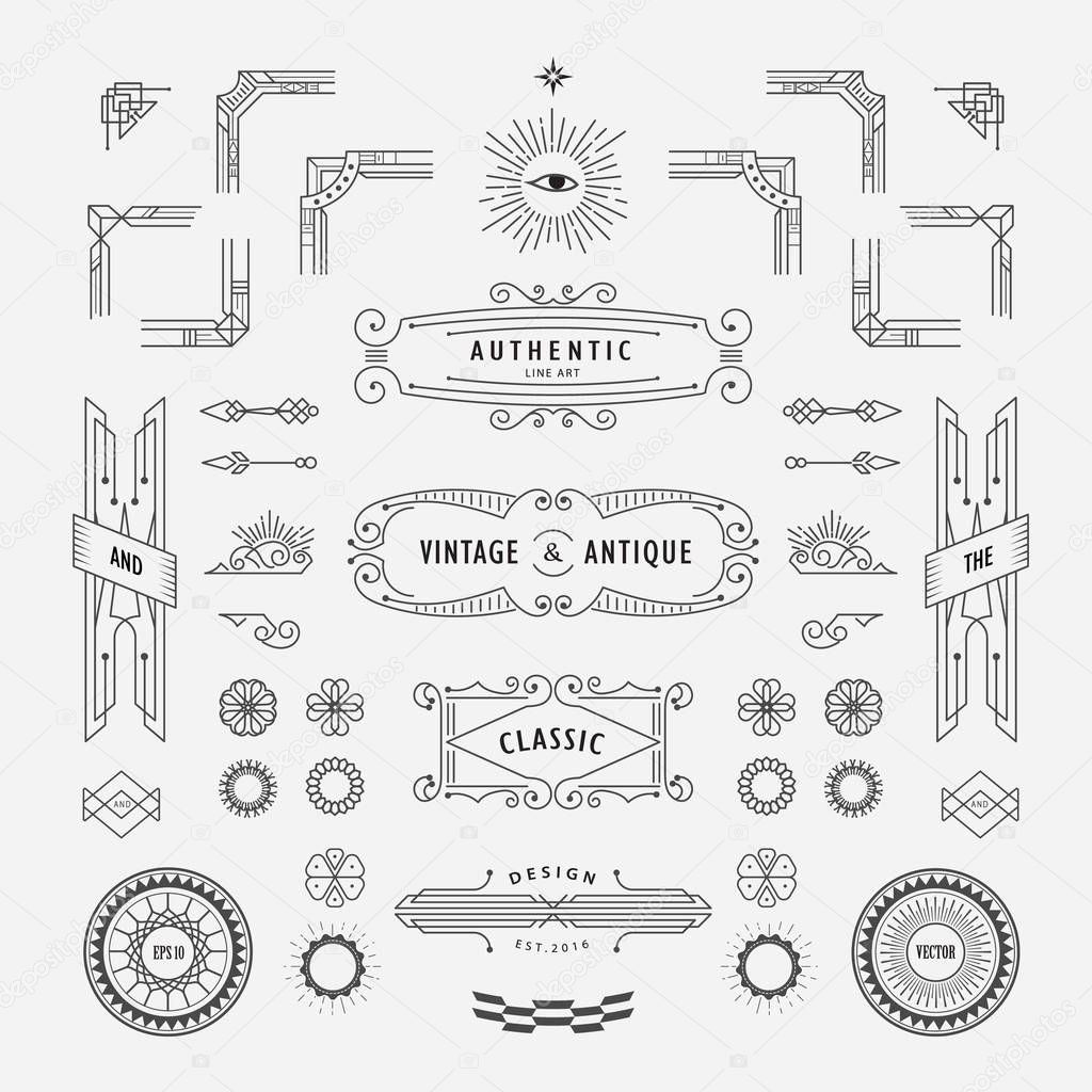 Set of linear thin line geometric shape vintage art deco retro design elements with frame corner badge