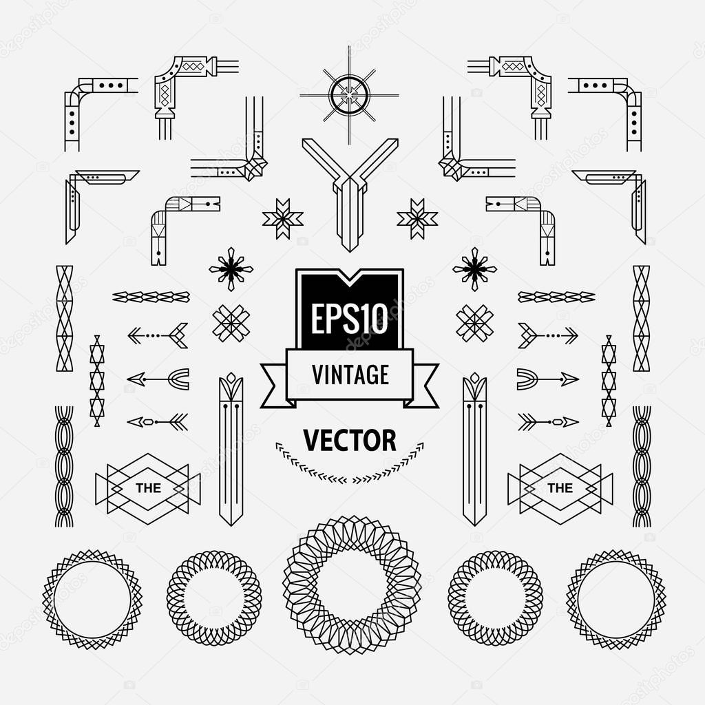 set of vintage linear thin line art deco retro geometric shape design elements with frame corner badge