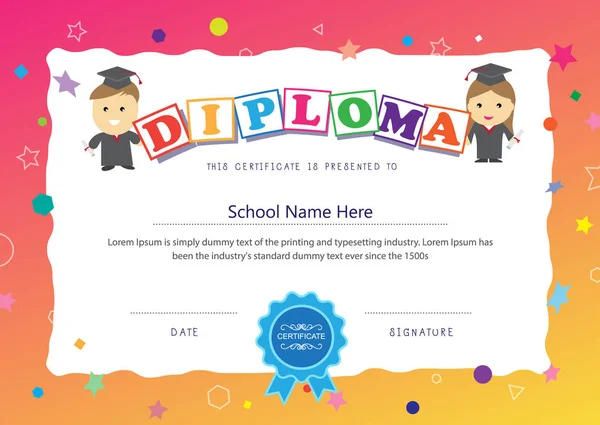 Iskoláskor Előtti Gyerekek Tanúsítvány Tervezősablon Diploma Elemi Iskola Háttér Elrendezés — Stock Vector