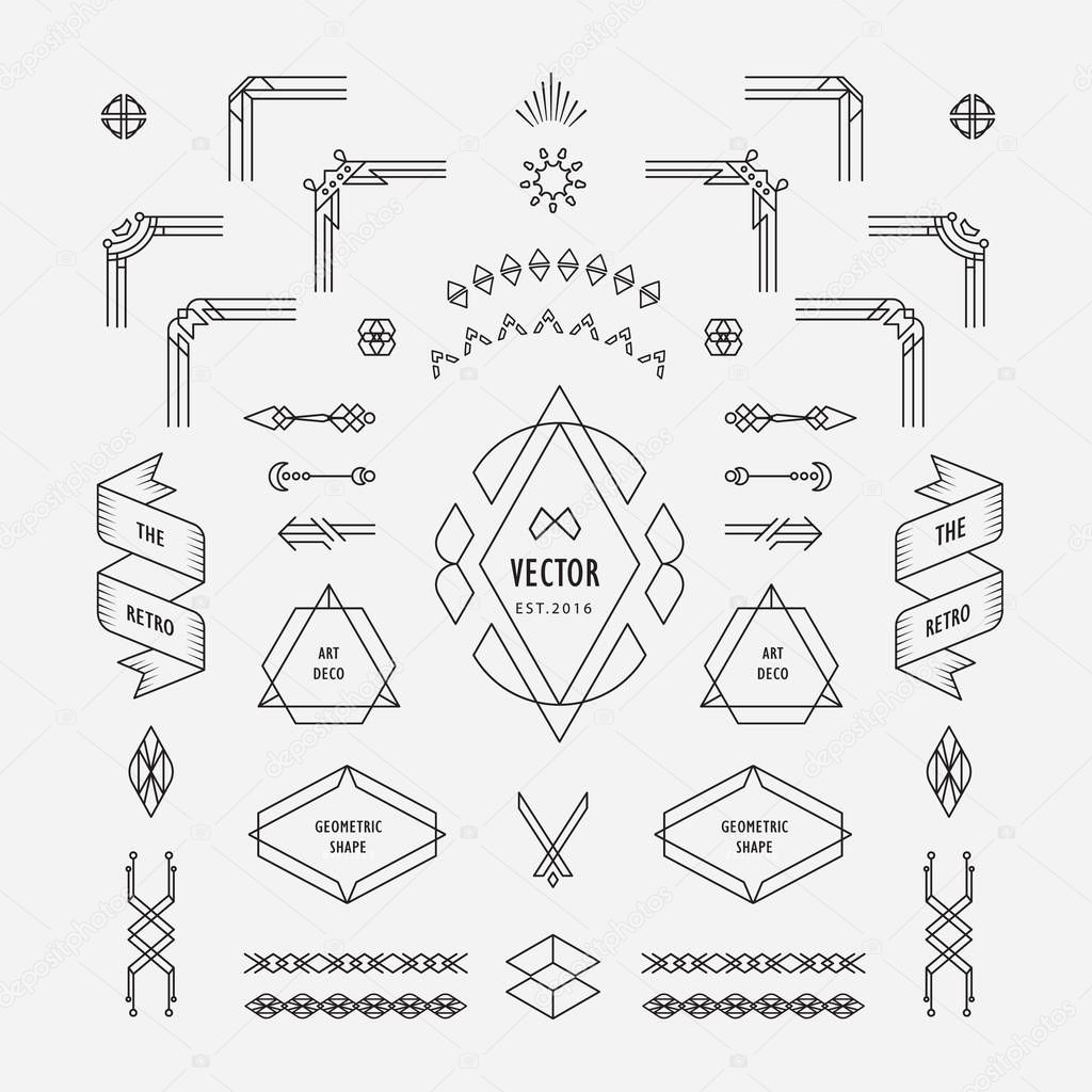 Set of vintage linear thin line art deco retro design geometric shape elements with frame corner badge