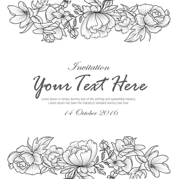 Dibuja a mano flores blanco y negro invitación tarjeta diseño backgro — Vector de stock