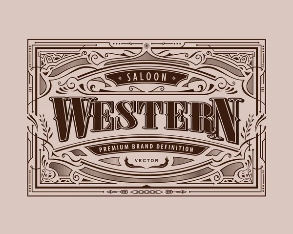 Antique cadre western étiquette vintage frontière rétro dessiné à la main engr — Image vectorielle