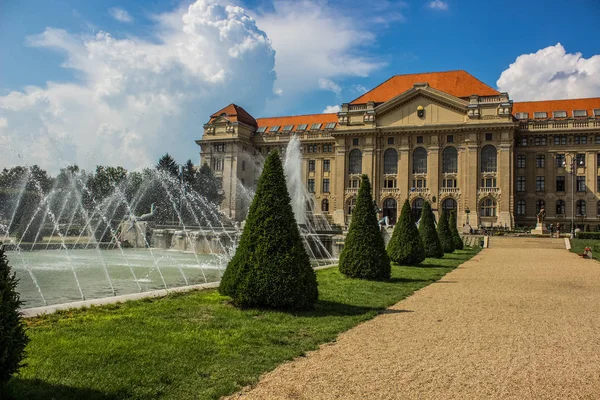 Küçük ağaç ve fontain park açık parlak yaz günü içinde renkli Üniversitesi Kampüs cephe