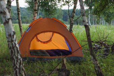 yumuşak odak turuncu çadır kavramı kimse ile doğa yeşil yaz orman çevre üzerindeki 