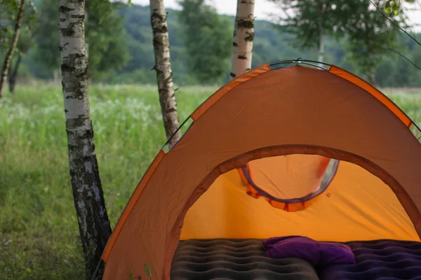 dinlenmek ve yeşil doğa orman çevre üzerindeki turuncu çadır konseptiyle parlak yaz renkli sabah saat seyahat.