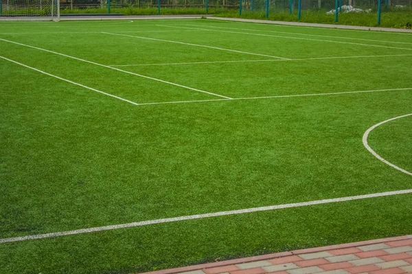 Sportkonzept Synthetische Kleine Fußballfeld Grün Gras Hintergrund Textur Und Weiße — Stockfoto