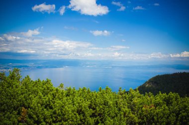 yumuşak odak ve renk tatil cennet kavramı orman dağ denizi doğa manzarası ile adanın yukarısında