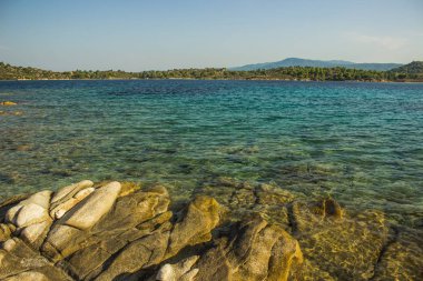 Akdeniz Denizi Lagünü kayalık sahil orman adasında zıt görünümü ile vahşi kıyı şeridi