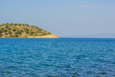 pastoral pitoresk Pasifik okyanusu mavi su yüzeyi ve ağaçlar park açık alan, doğa sahne manzara görünümü ve turizm ve seyahat duvar kağıdı desen kavramı ile yalnız ada kıyı şeridi