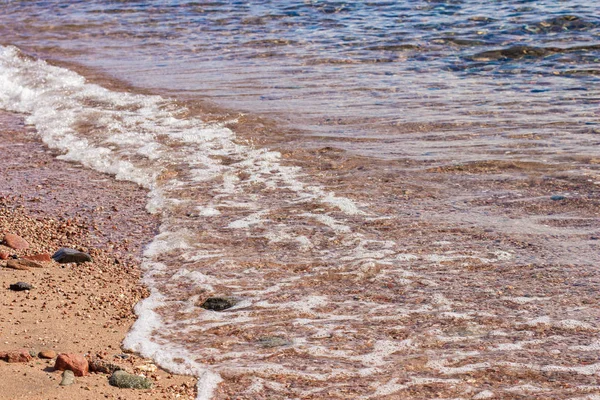 Kızıldeniz yerel doğal manzara sığ şeffaf su ile boş kum taş sahil arka plan 