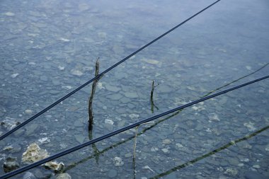 pürüzsüz sığ su yüzey yaşam tarzı ve hobi kavram resmi, kopya veya metin için arka plan boş alan üzerinde iki olta çubukları