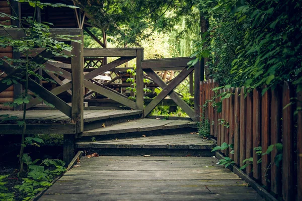 Houten Gazebo Handgemaakte Object Ingang Met Trap Hek Forest Park — Stockfoto