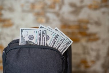 kopya veya metin için boş alan ile unfocused arka plan üzerinde gri sırt çantası cebinden dolar kağıt para mali kavram resmi 