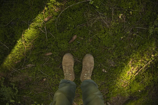 army travel and hiking photography of male feet in military boots from above on forest green moss ground cover