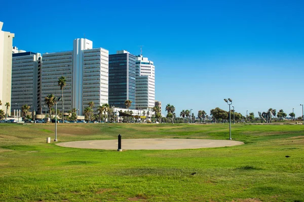 modern clean ecological city Tel Aviv capital of Israel urban view with office skyscraper building and green square, blue sky background, copy space