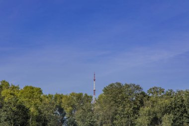 Tv kulesi altyapısı. Ağaçların üzerindeki yerel nesne. Yaprak mavisi gökyüzü. 