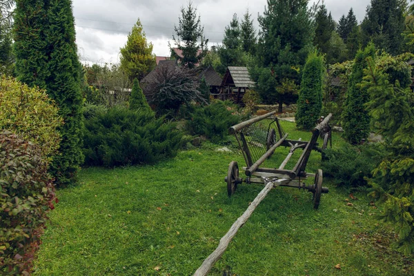田舎の田舎の村緑の木々の茂みや葉の屋外環境での木製ワゴンの景色 — ストック写真