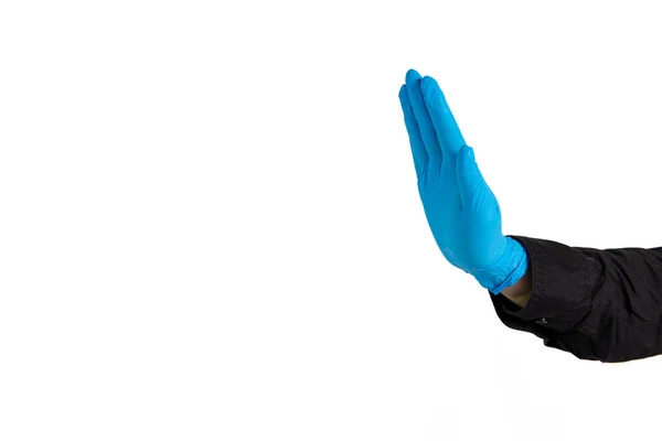 Κρατήσει Σημάδι Απόστασης Χέρι Στο Λατέξ Γάντι Εργαλείο Ιατρικής Απλό — Φωτογραφία Αρχείου