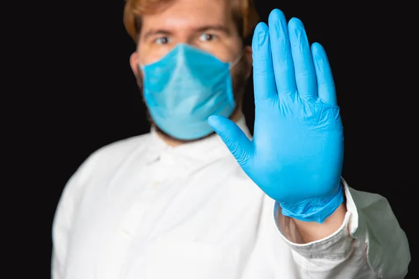 Mantenere Distanza Concetto Medico Stop Mano Segno Maschera Sfondo Nero — Foto Stock