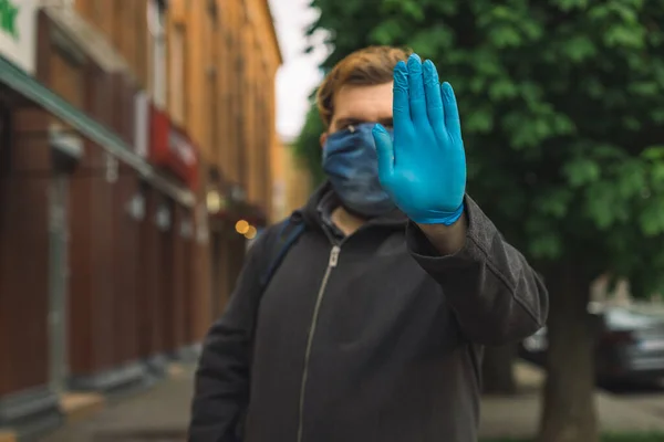 Tenere Distanza Segno Stop Mano Dall Uomo Adulto Strada Guanto — Foto Stock