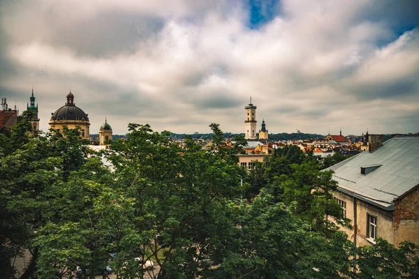 利沃夫乌克兰古城地标景观户外摄影与乔木树叶古老的建筑物和多云的灰色天空背景 — 图库照片