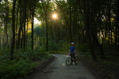 Bisikletli bir adam resimli sabah ormanı güneşli doğa manzaralı manzara fotoğrafçılığı yapıyor.