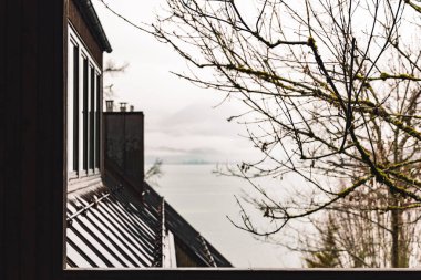 Huysuz yağmurlu sonbahar günü açık balkondan manzara çıplak ağaç dalları ve gri gökyüzü arkaplan alanı