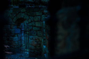 Cadılar Bayramı konsepti şatosu kafes kapısını mahveder. Yumuşak odak fotoğrafçılığı. Dolunaydan mavi ışık.