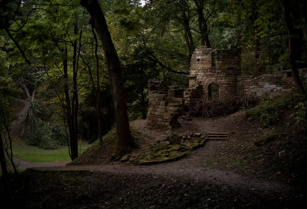 castle ruin in dark forest creepy Halloween concept nature scenic view photography with soft focus and noise pollution effects