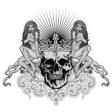Gotik işaretiyle kafatası ve seksi kızlar, grunge vintage tasarım t shirt