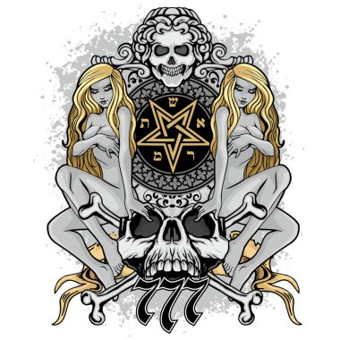 Gotik işaretiyle kafatası ve seksi kızlar, grunge vintage tasarım t shirt
